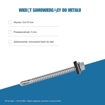 Wkręt samowiercący do metalu 5,5x70 mm, przewiercalność 5 mm, EPDM, 100 szt. – ocynk bez lakieru